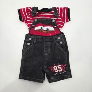 VTG Disney Baby SZ 12M Cars Lightning McQueen Denim Set Overall Shirt OG Dark